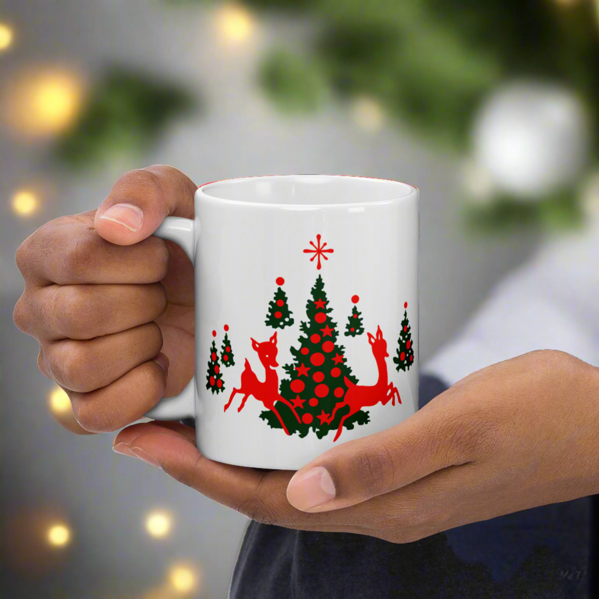Red Reindeer Christmas Trees Mid Century Retro Christmas Print White Glossy Coffee Mug