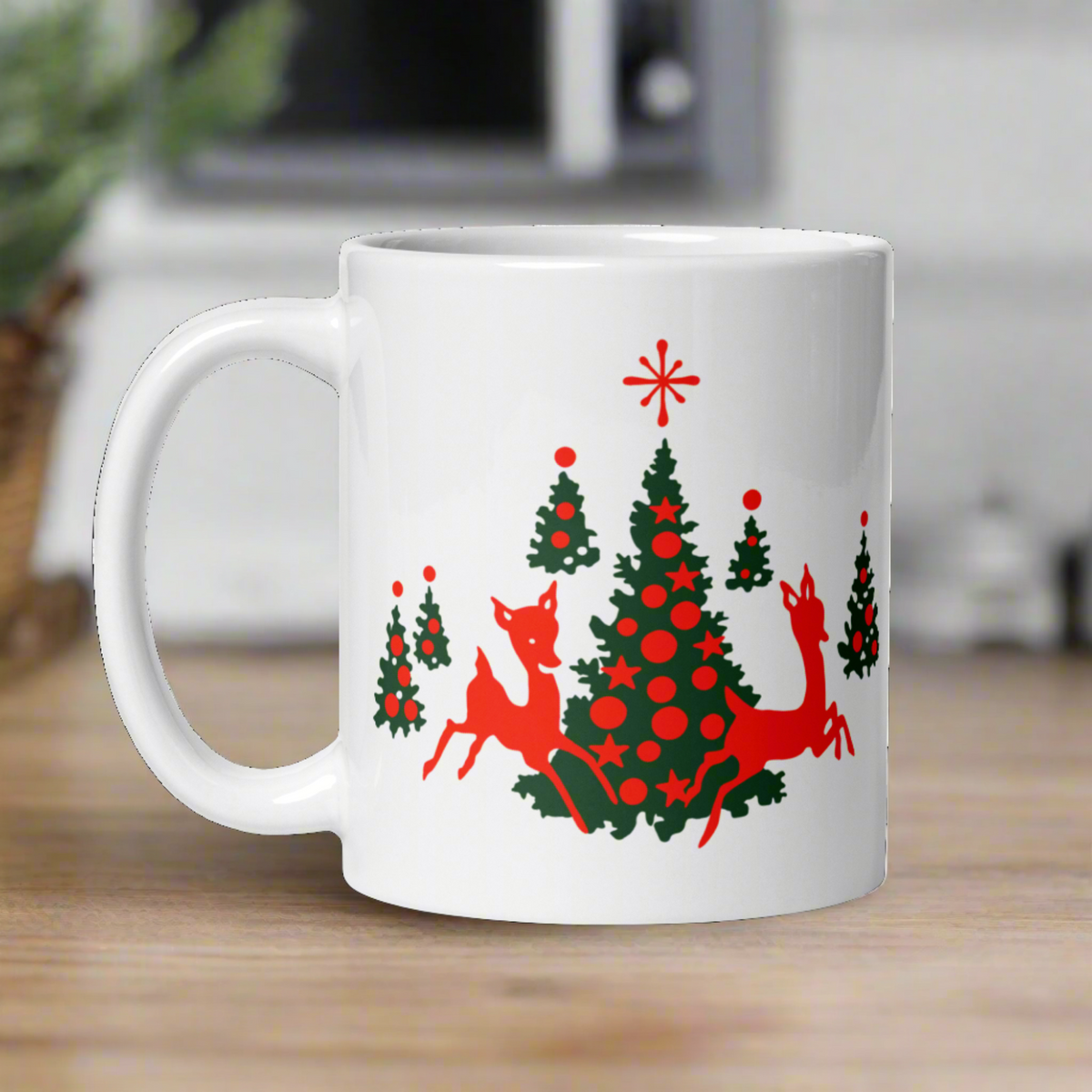 Red Reindeer Christmas Trees Mid Century Retro Christmas Print White Glossy Coffee Mug