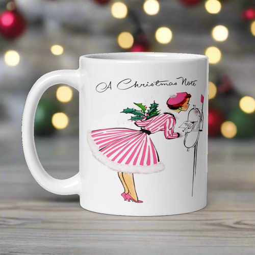 A Christmas Note Lady At Mailbox Retro Christmas Print Glossy Coffee Mug