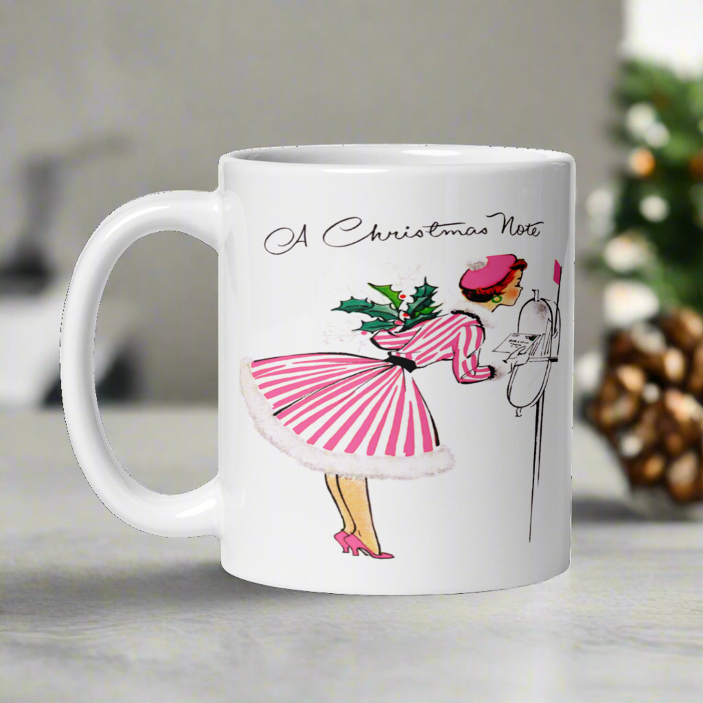 A Christmas Note Lady At Mailbox Retro Christmas Print Glossy Coffee Mug