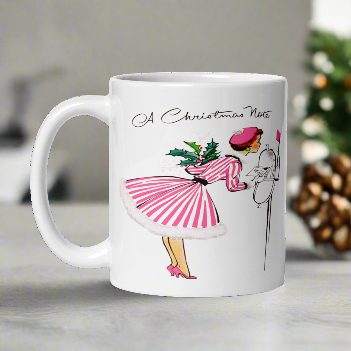 A Christmas Note Lady At Mailbox Retro Christmas Print Glossy Coffee Mug