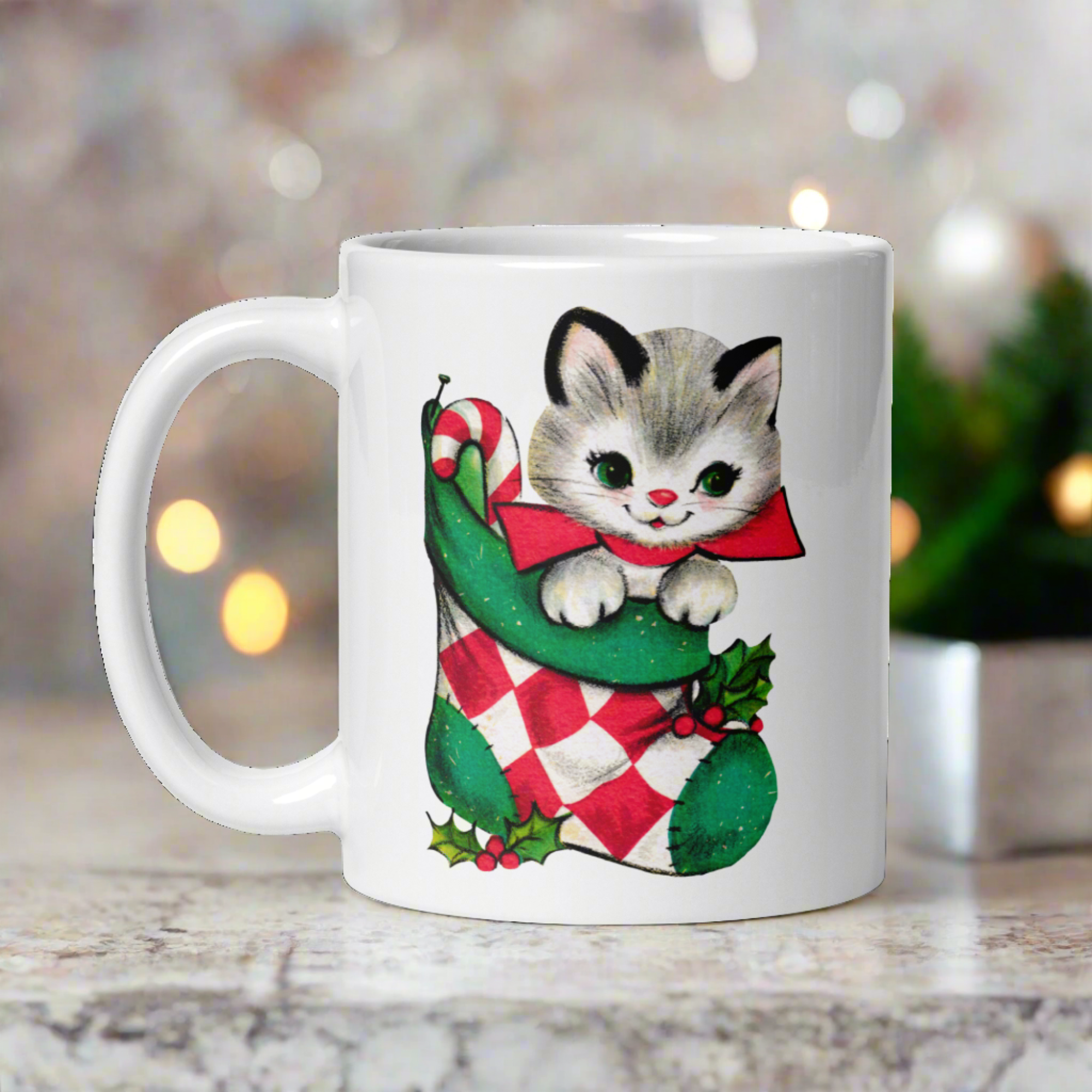 Christmas Kitten In Stocking Midcentury Retro Christmas Glossy Coffee Mug