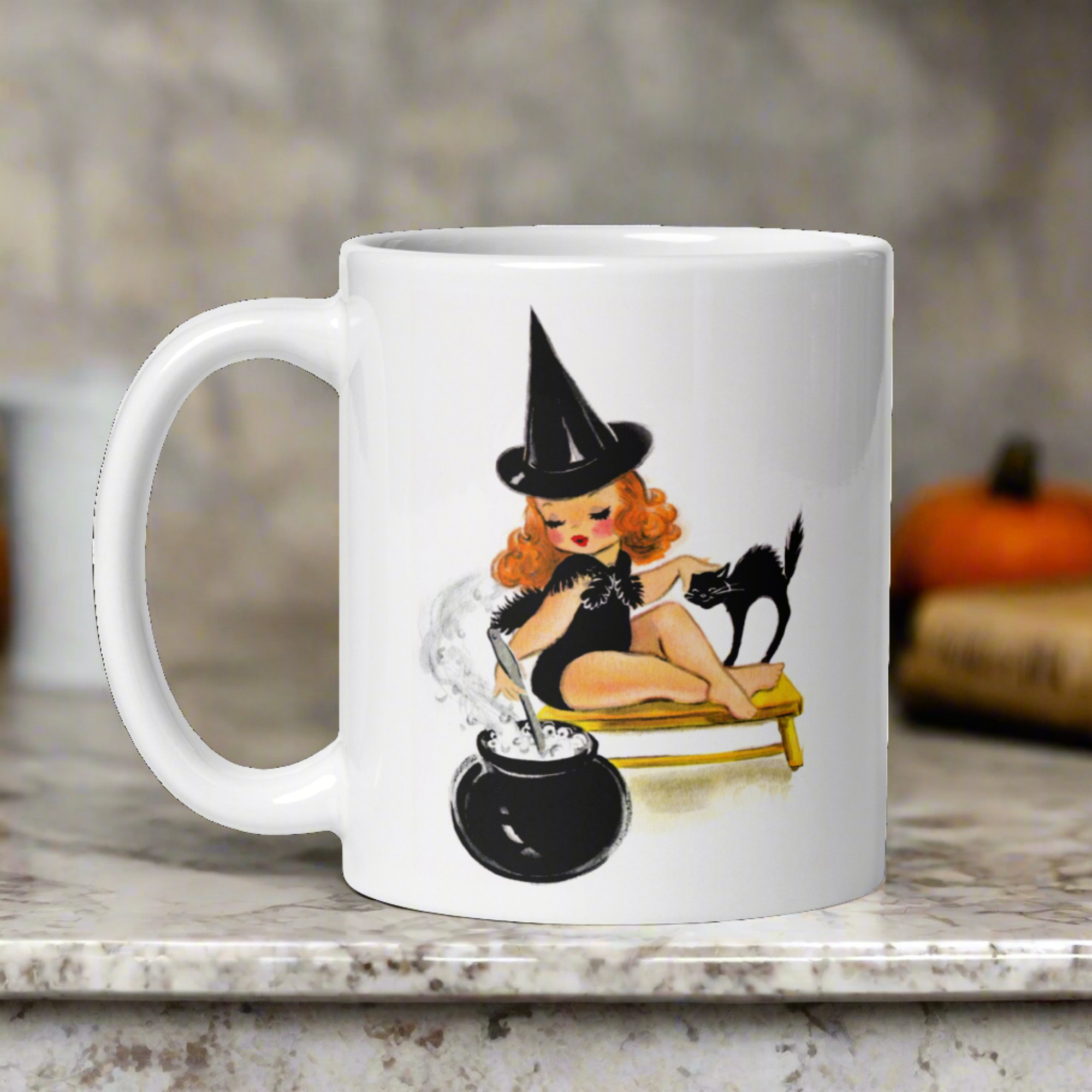 Orange Witch Black Cat Retro Halloween Print Mug