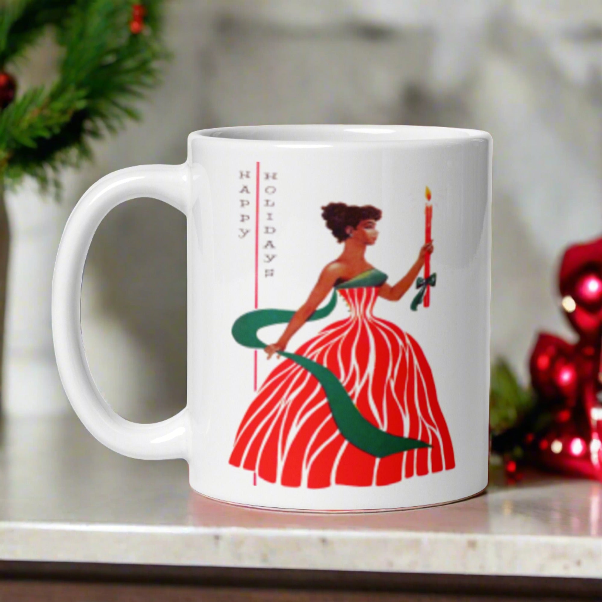 Happy Holidays Christmas Lady Glossy Coffee Mug