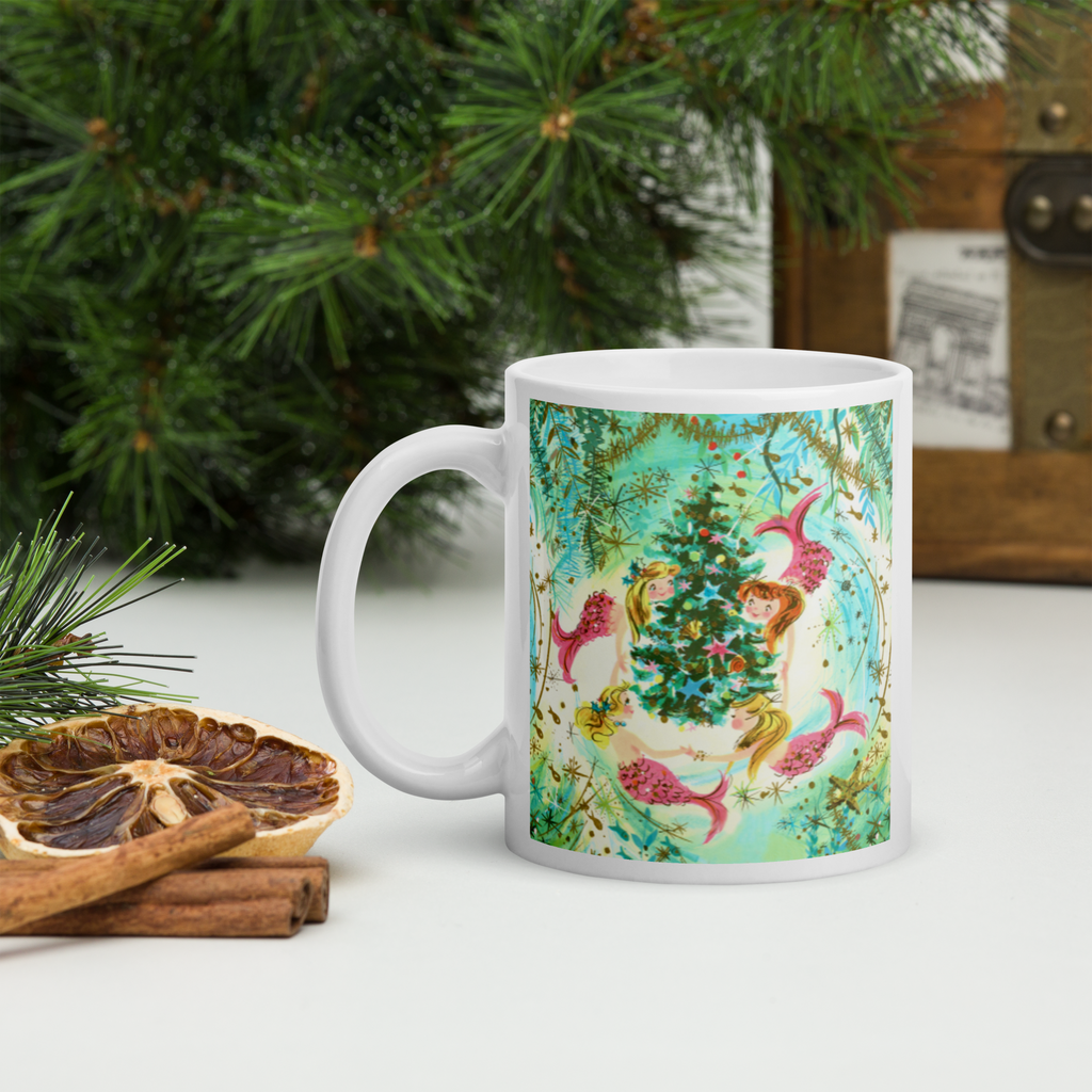 Mermaids Under The Sea Around The Christmas Tree Mid Century Retro Christmas Glossy Coffee Mug