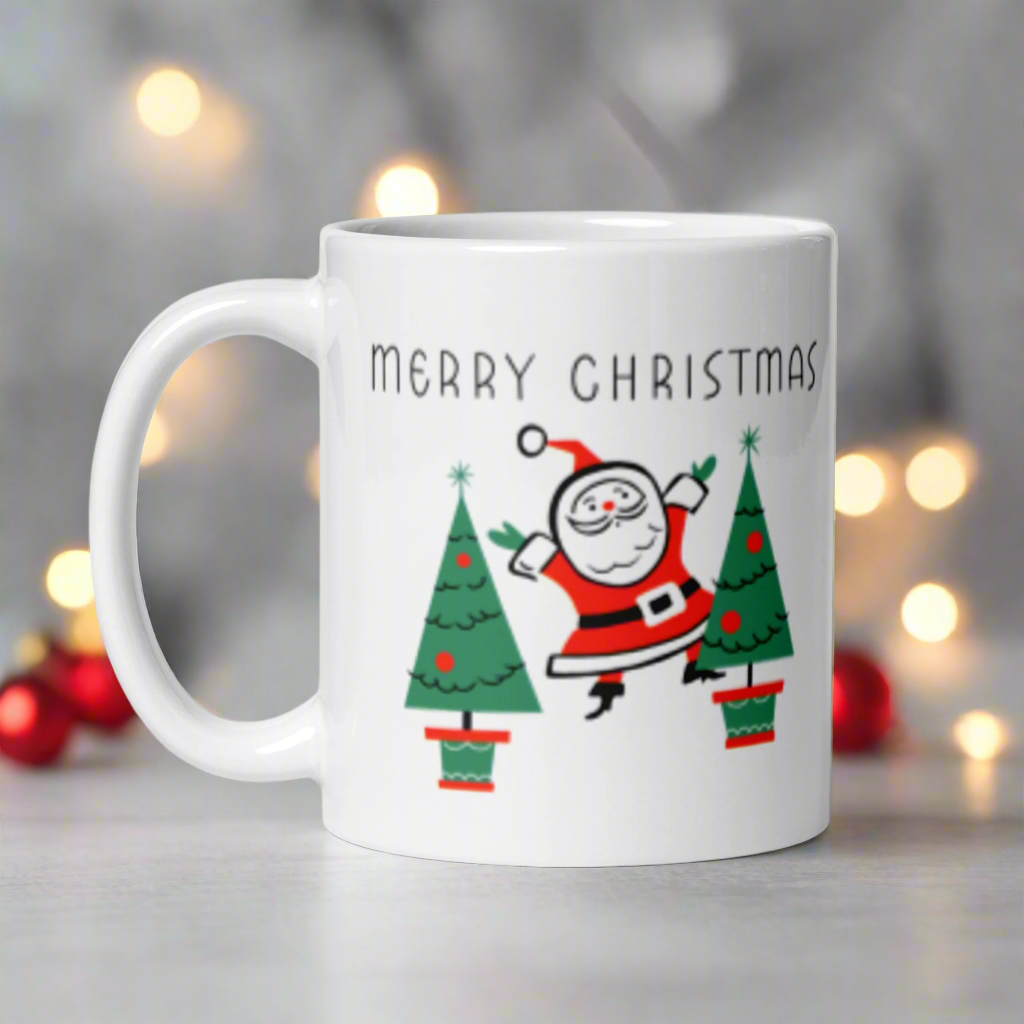Merry Christmas Santa Trees Midcentury Glossy Coffee Mug
