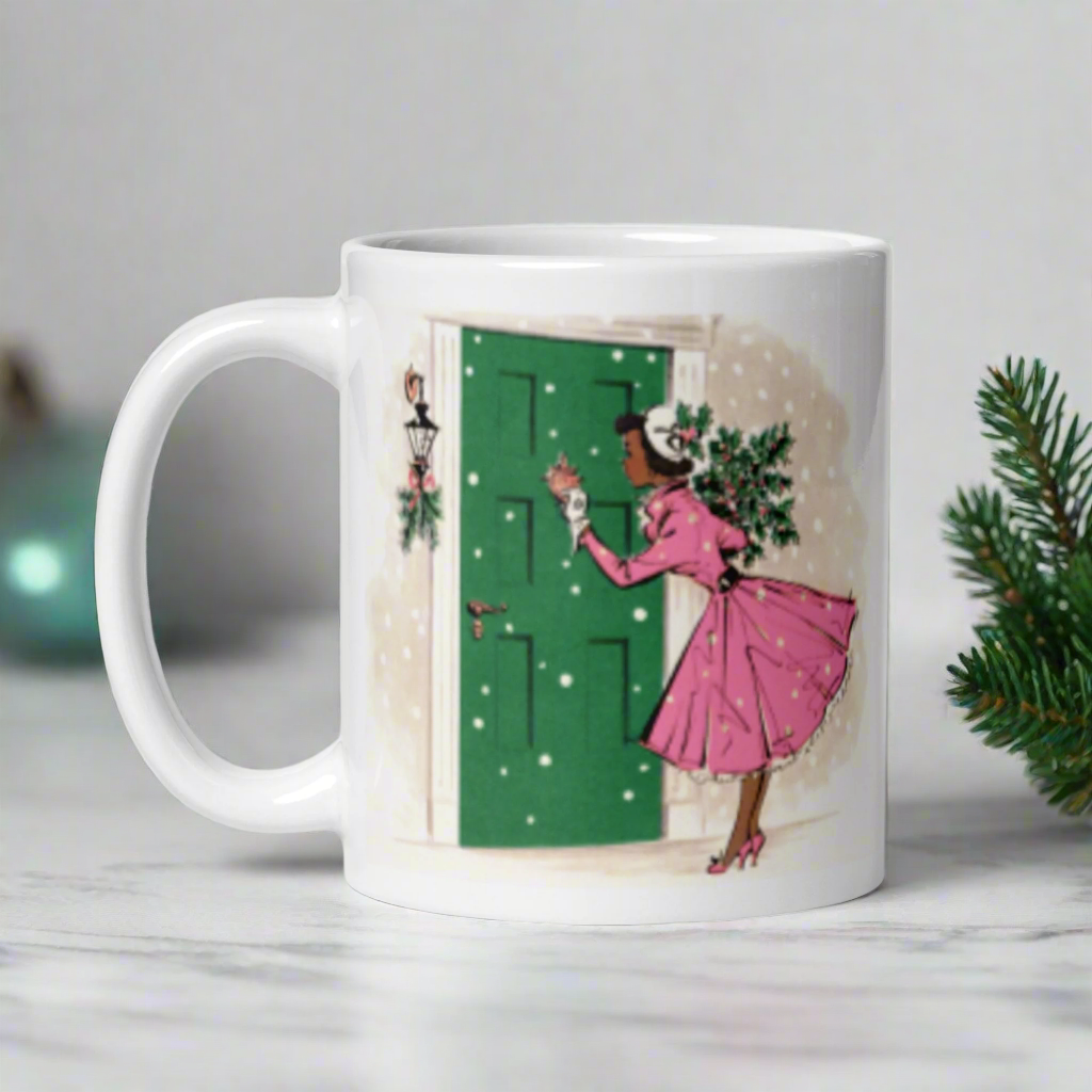 Christmas Lady Housewife With Holly Pine Glossy Coffee Mug