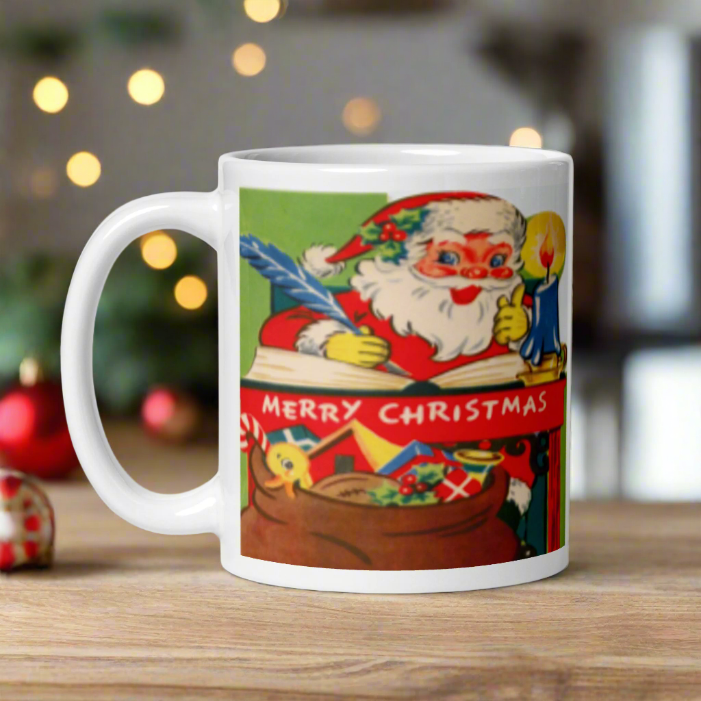 Santa At Workshop Desk Midcentury Christmas Glossy Coffee Mug