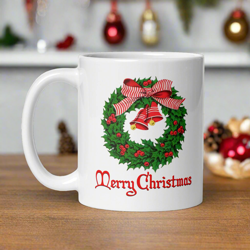 Vintage Style Merry Christmas Wreath Mid Century Retro Christmas Print Glossy Mug