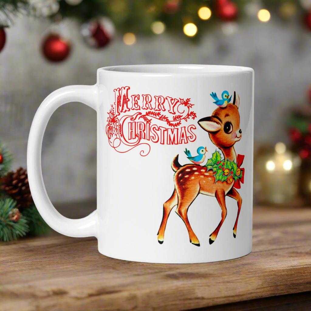 Merry Christmas Reindeer Bluebirds Midcentury Retro Coffee Mug