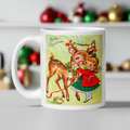 Girl With Reindeer Midcentury Retro Christmas Glossy Coffee Mug
