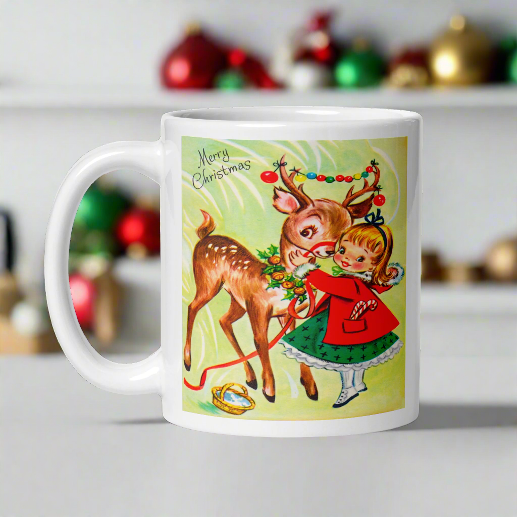 Girl With Reindeer Midcentury Retro Christmas Glossy Coffee Mug