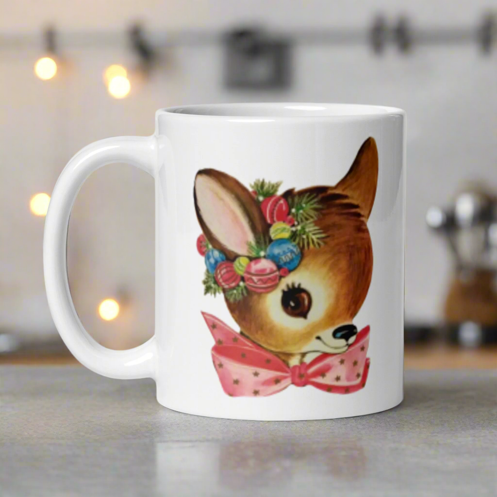 Reindeer Pink Bow Midcentury Retro Christmas Glossy Coffee Mug