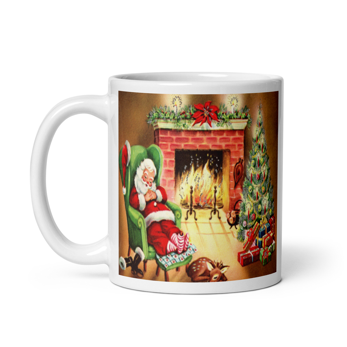 Santa Sleeping By Fireplace Retro Print Glossy Mug