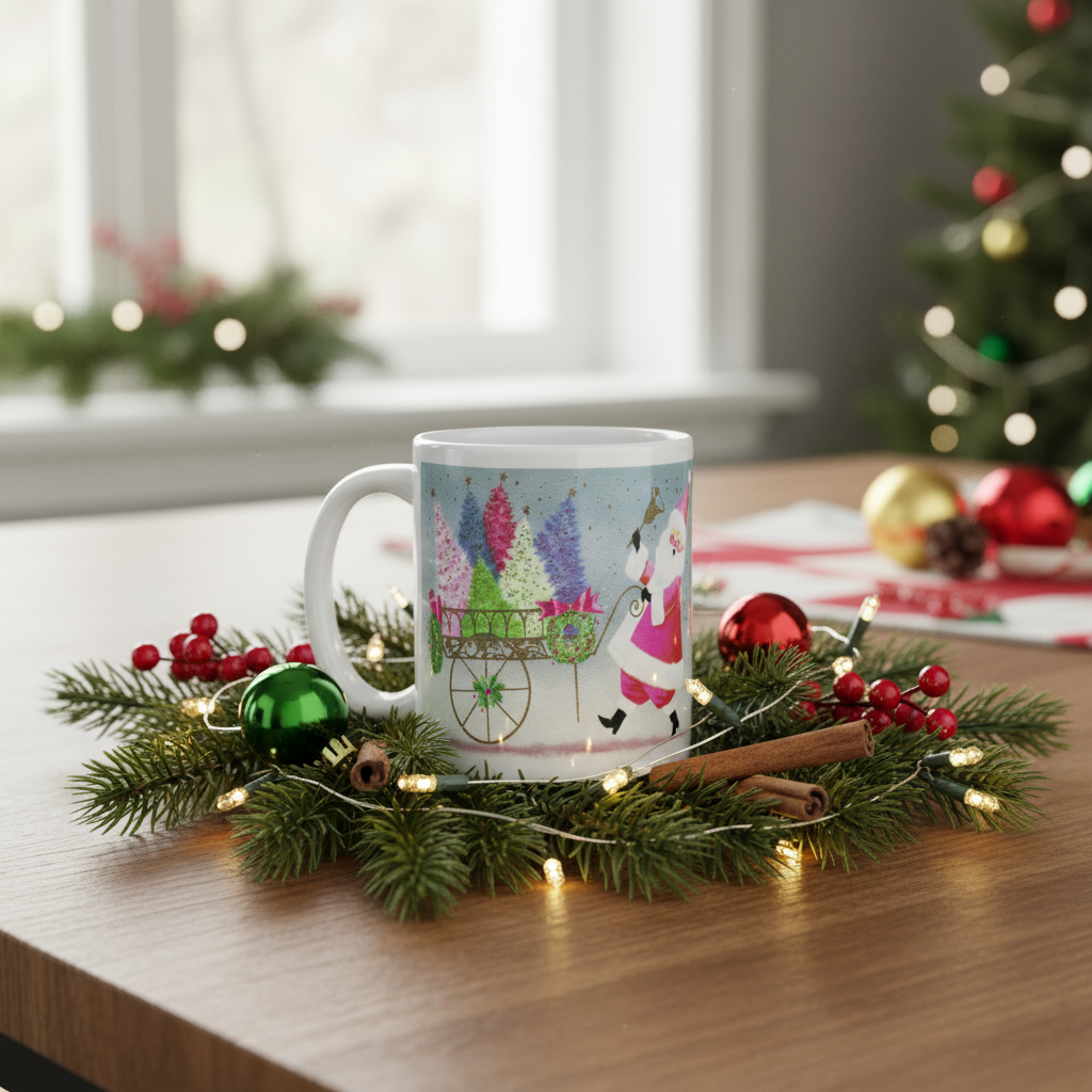 Santa Ringing Bell Mid Century Retro Christmas Print Glossy Mug