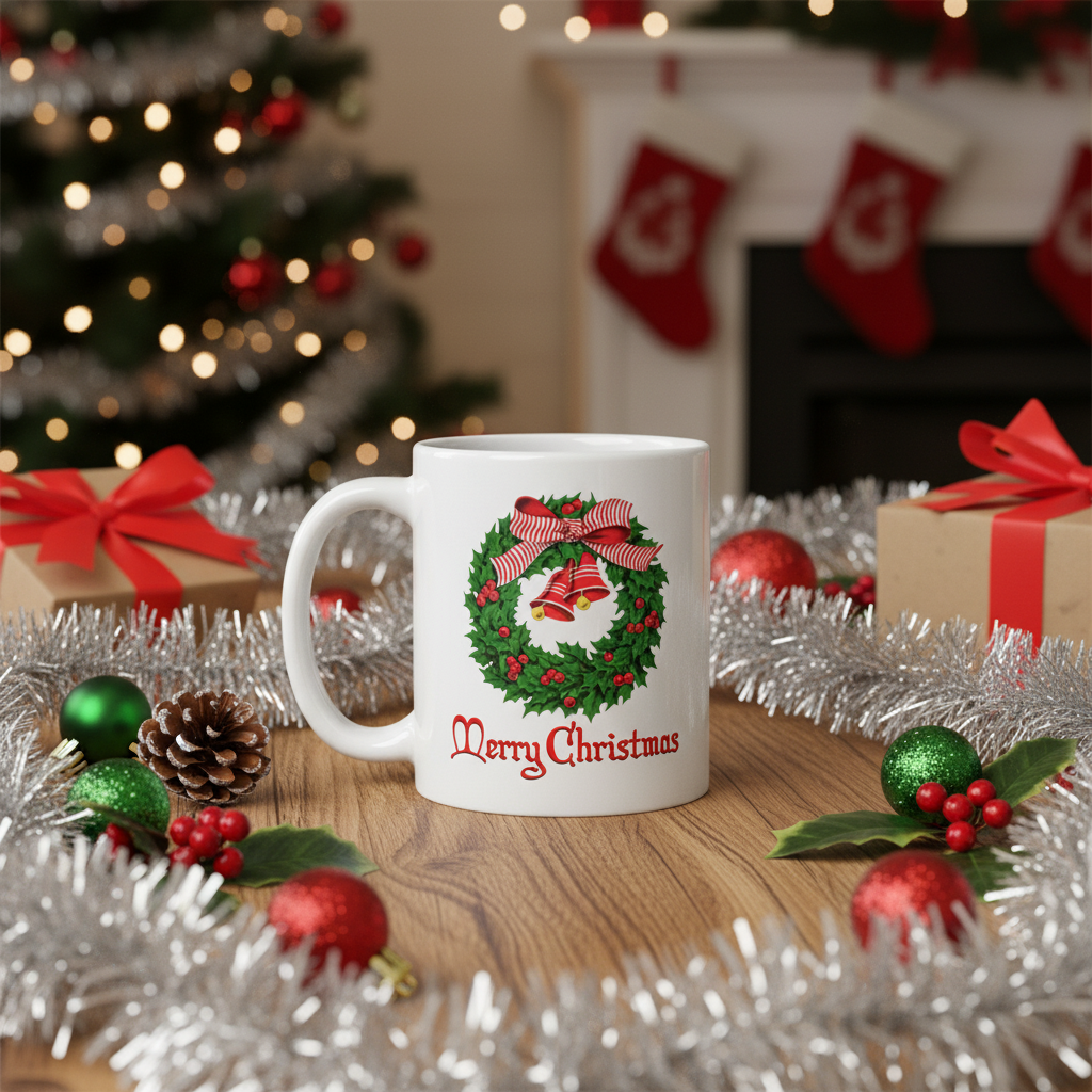 Vintage Style Merry Christmas Wreath Mid Century Retro Christmas Print Glossy Mug