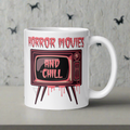 Horror Movies And Chill Retro Television Halloween Print Glossy Coffee Mug