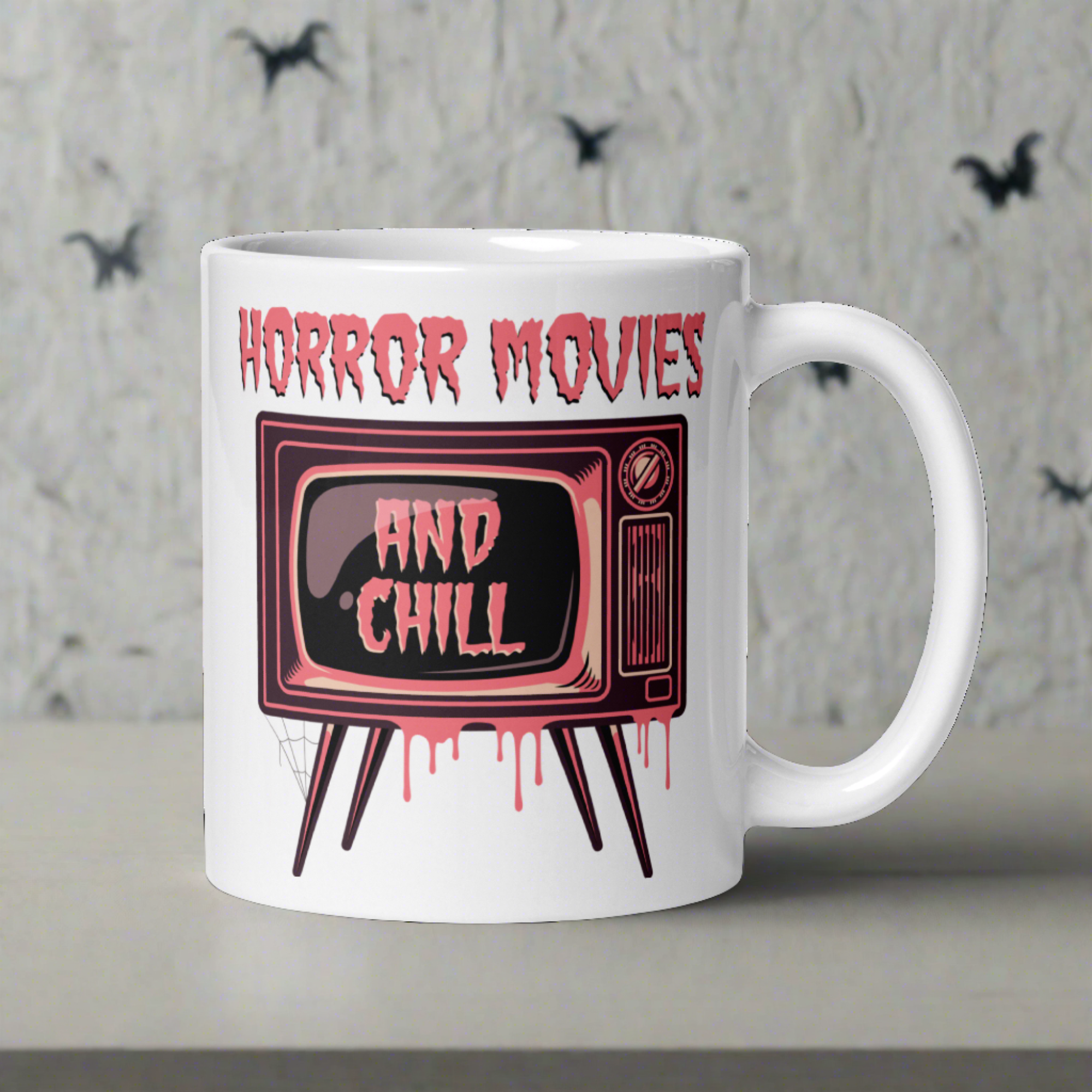 Horror Movies And Chill Retro Television Halloween Print Glossy Coffee Mug