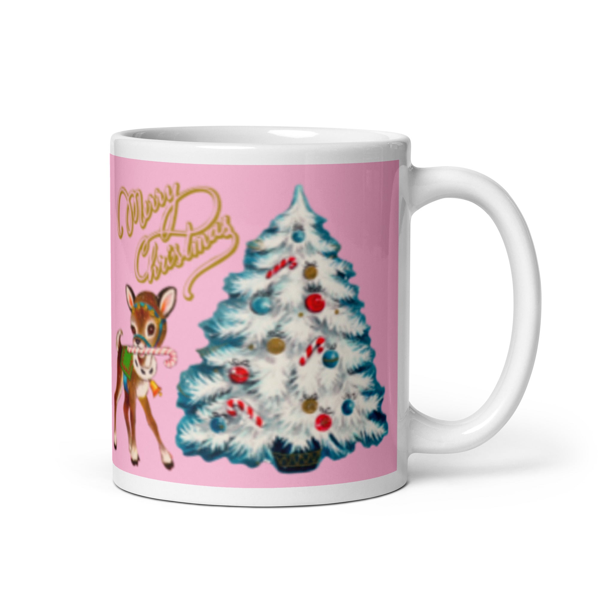 Merry Christmas Reindeer Mug White Teal Tree Pink Mid Century Retro Glossy Coffee Mug