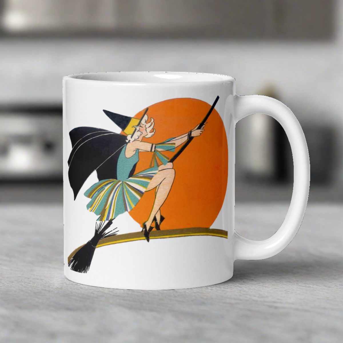 Flying Flapper Witch On Broom Orange Moon Retro Halloween Print Glossy Mug