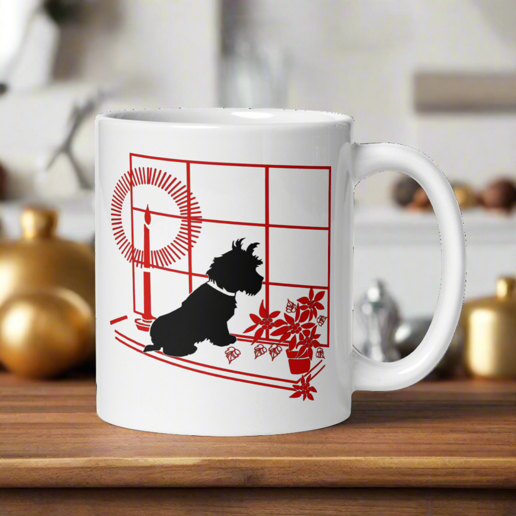 Black Scottie Dog At Window With Poinsettias And Candle Retro Vintage Print Ceramic Glossy Christmas Coffee Mug