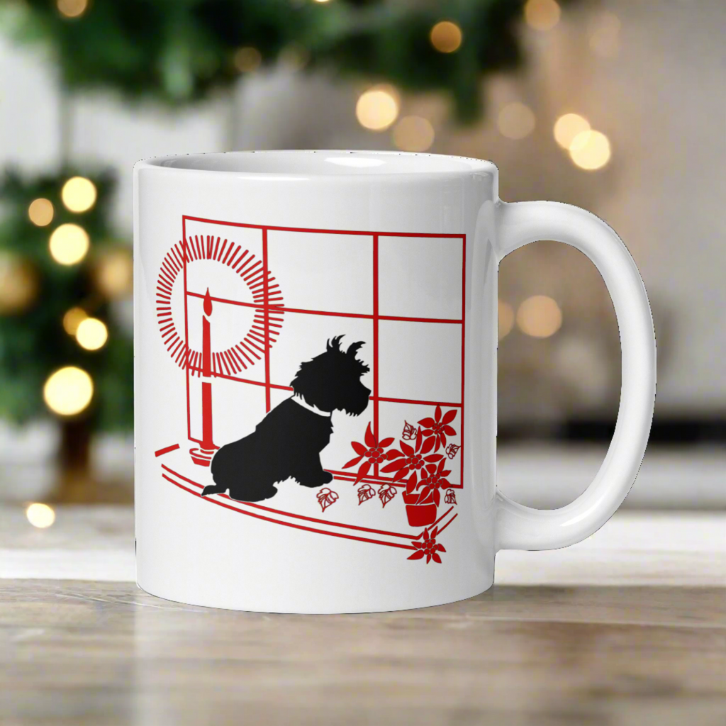 Black Scottie Dog At Window With Poinsettias And Candle Retro Vintage Print Ceramic Glossy Christmas Coffee Mug
