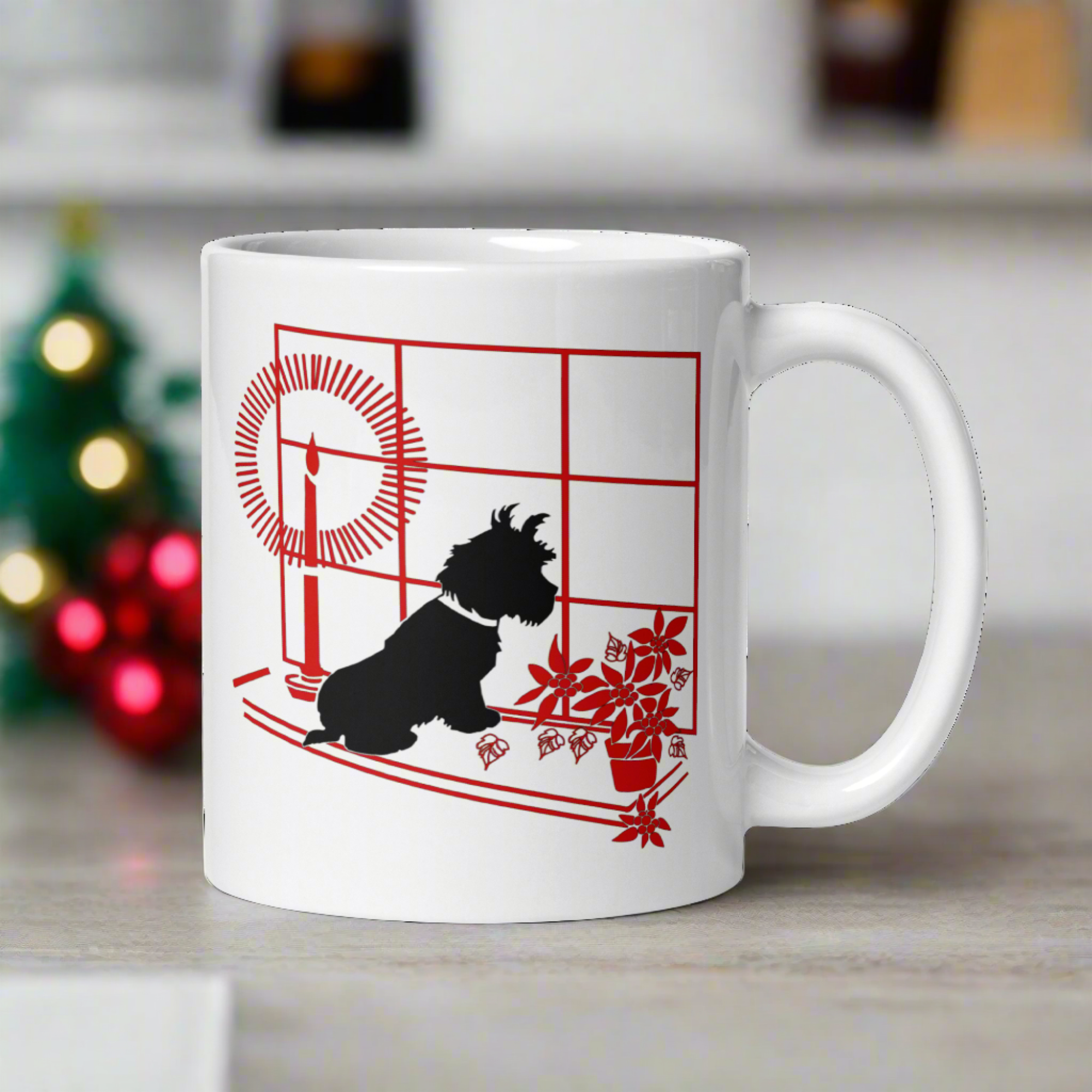 Black Scottie Dog At Window With Poinsettias And Candle Retro Vintage Print Ceramic Glossy Christmas Coffee Mug