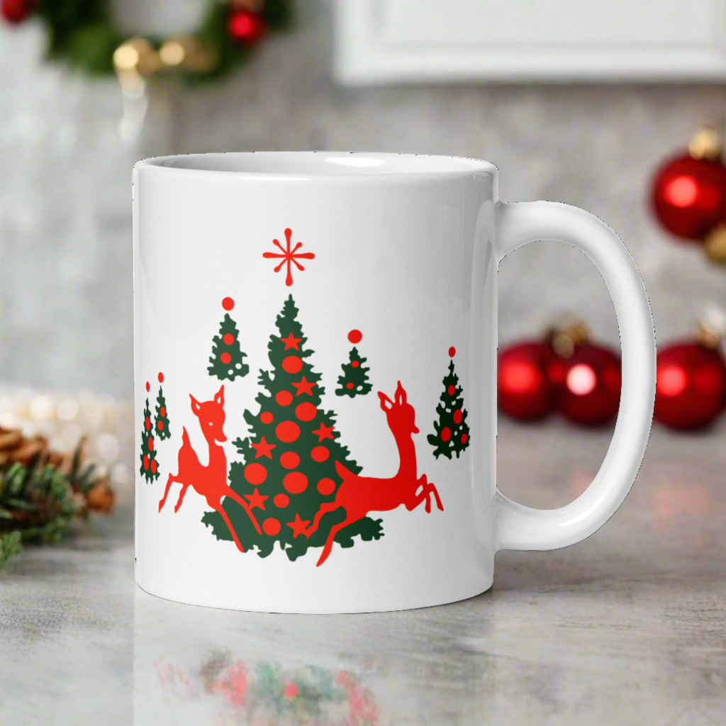 Red Reindeer Christmas Trees Mid Century Retro Christmas Print White Glossy Coffee Mug