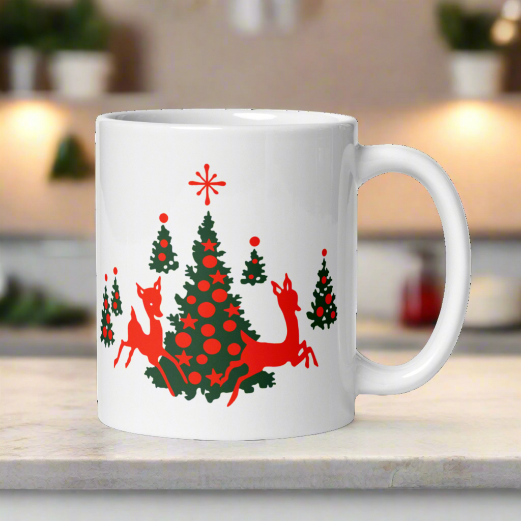 Red Reindeer Christmas Trees Mid Century Retro Christmas Print White Glossy Coffee Mug
