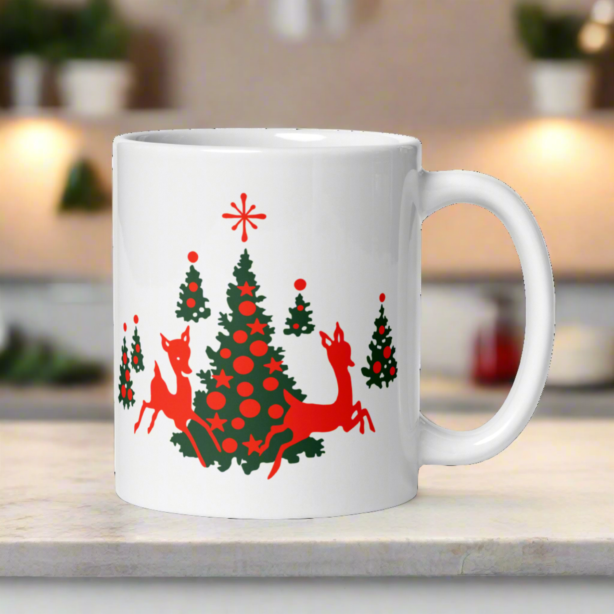 Red Reindeer Christmas Trees Mid Century Retro Christmas Print White Glossy Coffee Mug