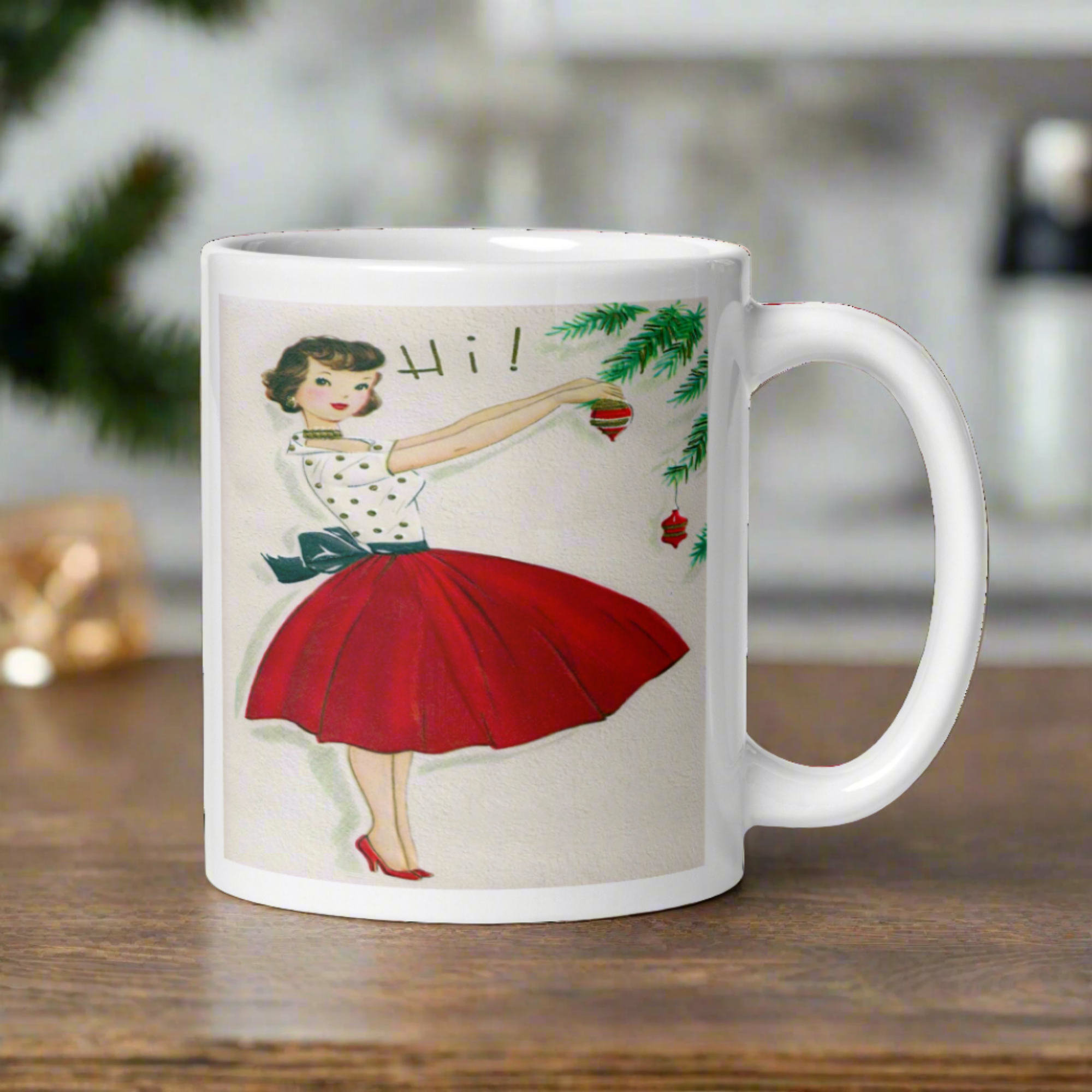 Christmas Lady Decorating Tree Glossy Coffee Mug
