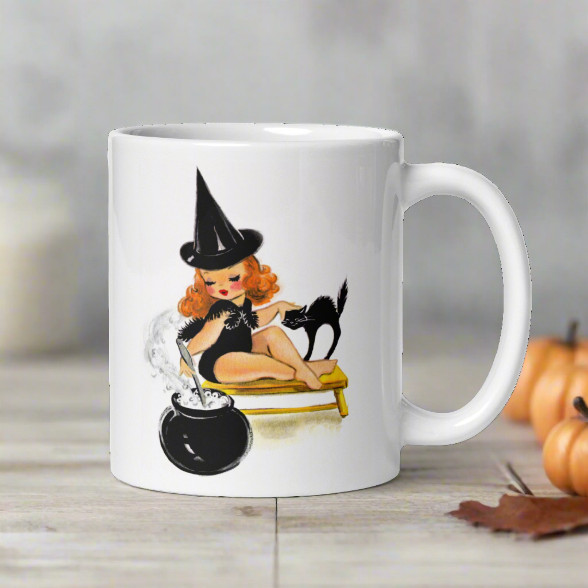 Orange Witch Black Cat Retro Halloween Print Mug