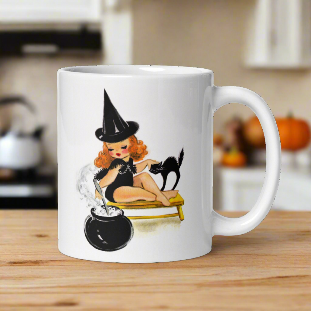 Orange Witch Black Cat Retro Halloween Print Mug