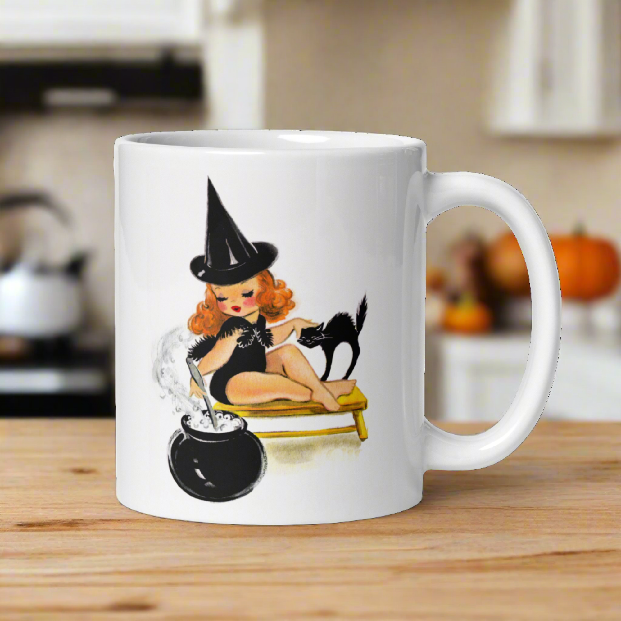 Orange Witch Black Cat Retro Halloween Print Mug