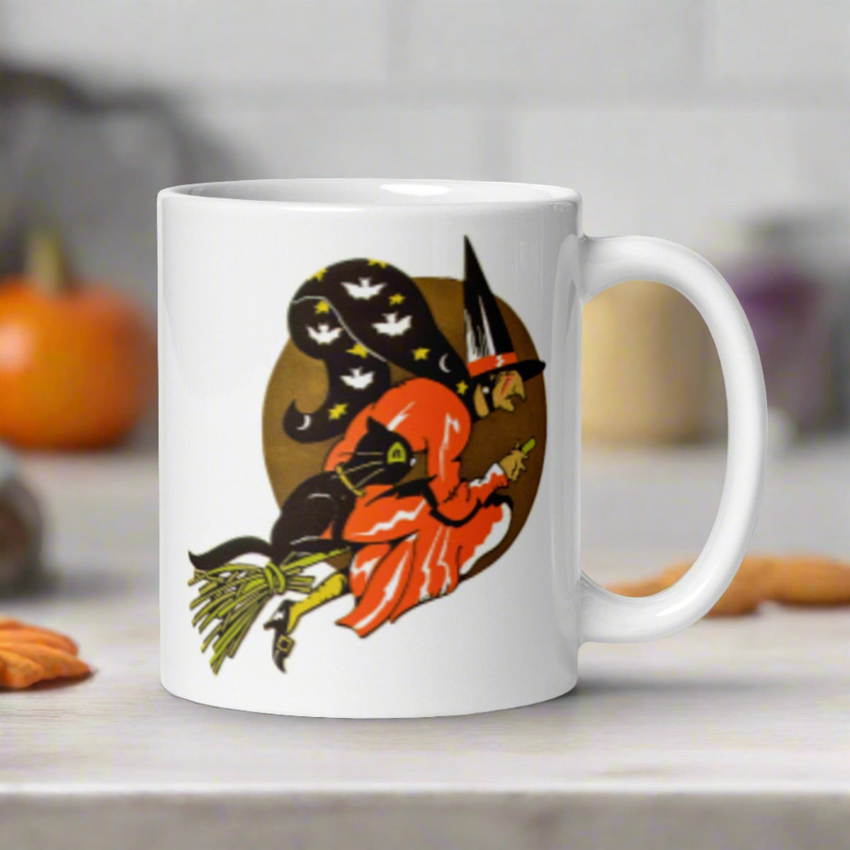 Gold Moon Halloween Witch Black Cat Retro Glossy Coffee Mug