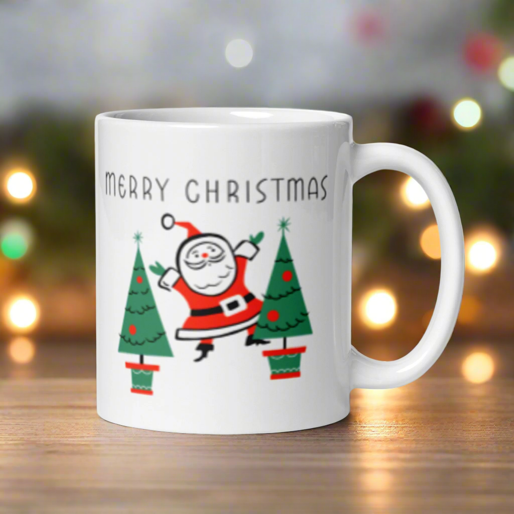 Merry Christmas Santa Trees Midcentury Glossy Coffee Mug