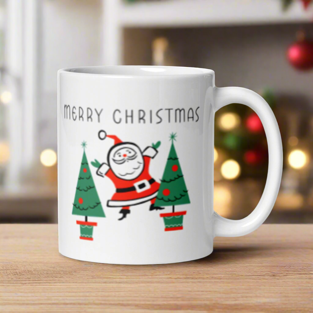 Merry Christmas Santa Trees Midcentury Glossy Coffee Mug