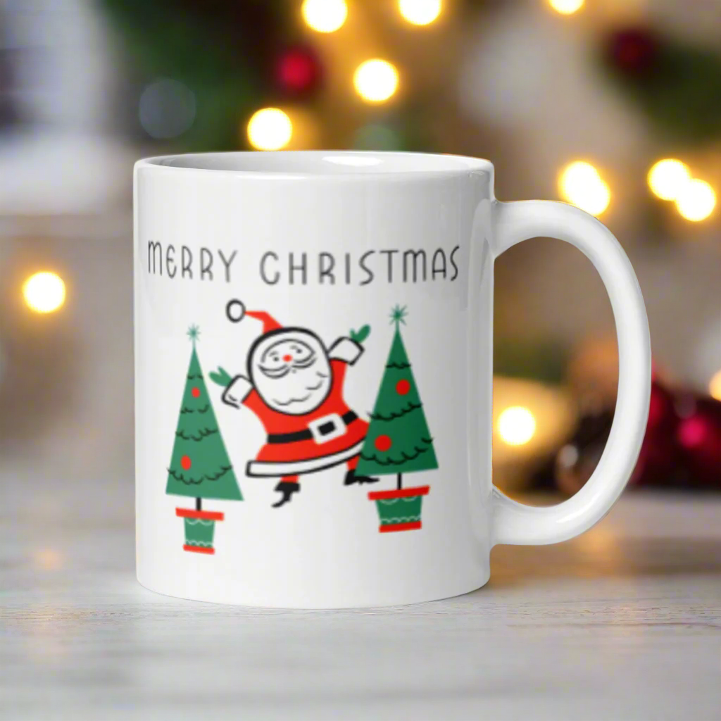 Merry Christmas Santa Trees Midcentury Glossy Coffee Mug