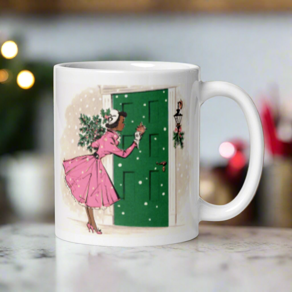 Christmas Lady Housewife With Holly Pine Glossy Coffee Mug
