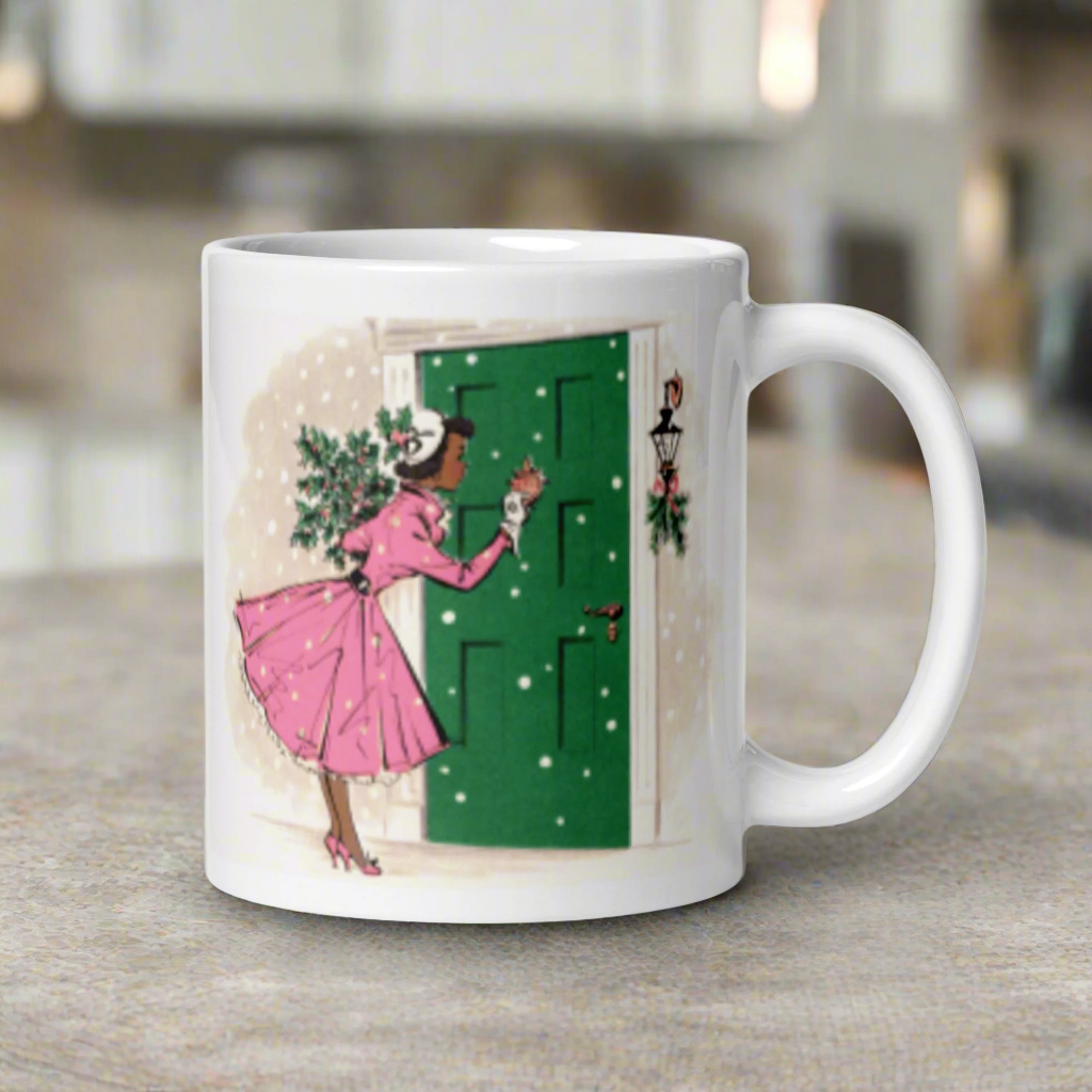Christmas Lady Housewife With Holly Pine Glossy Coffee Mug