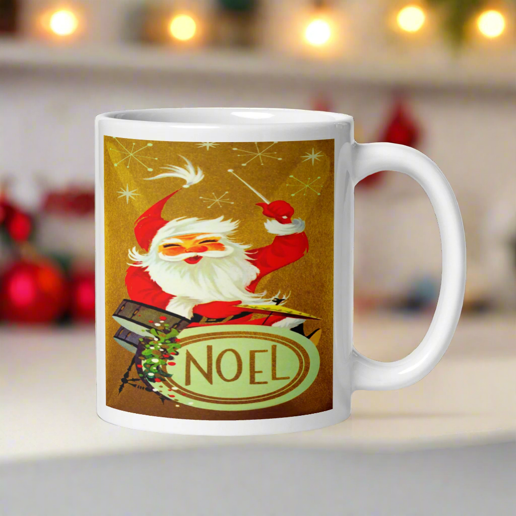 Santa Playing The Drums Retro Glossy Coffee Mug