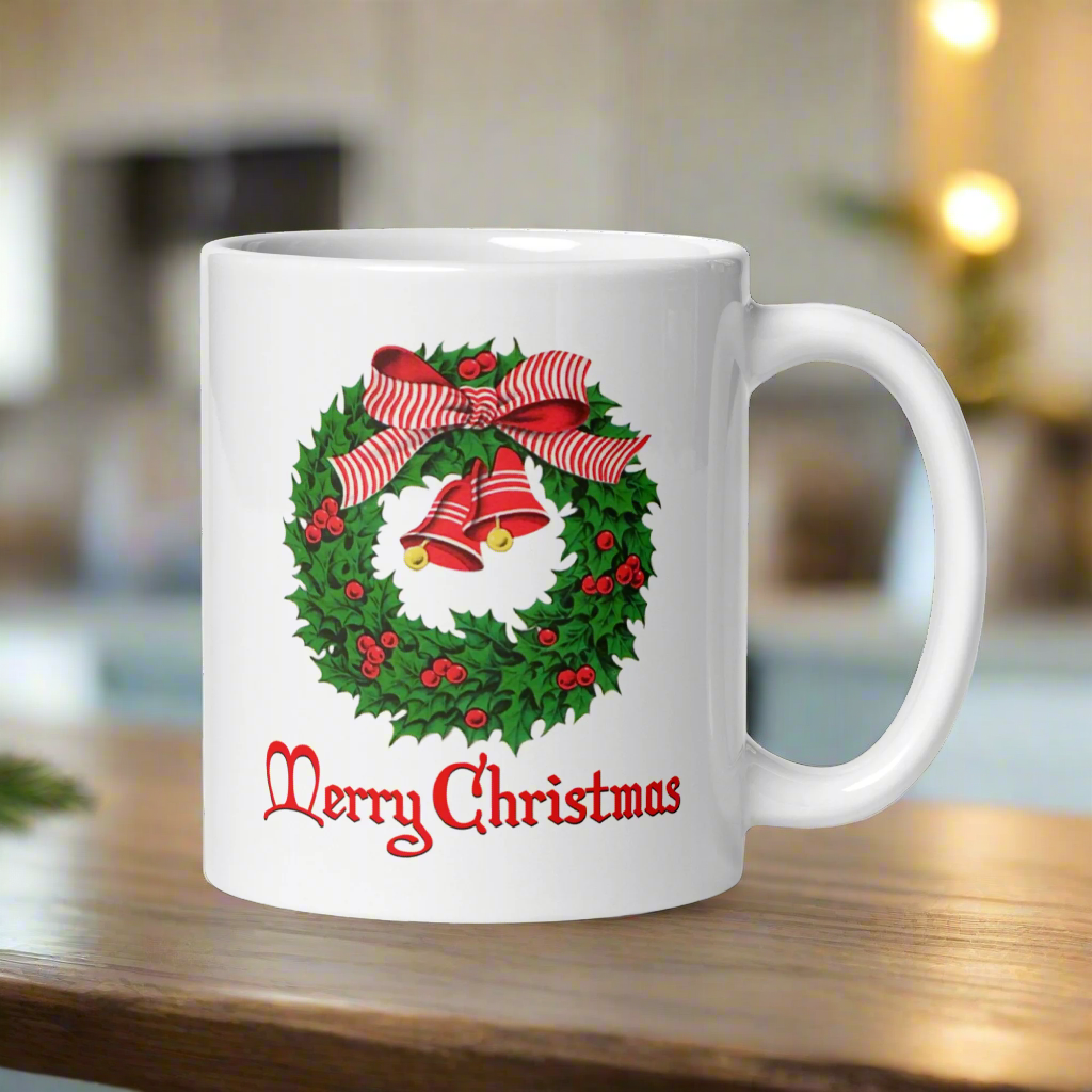 Vintage Style Merry Christmas Wreath Mid Century Retro Christmas Print Glossy Mug