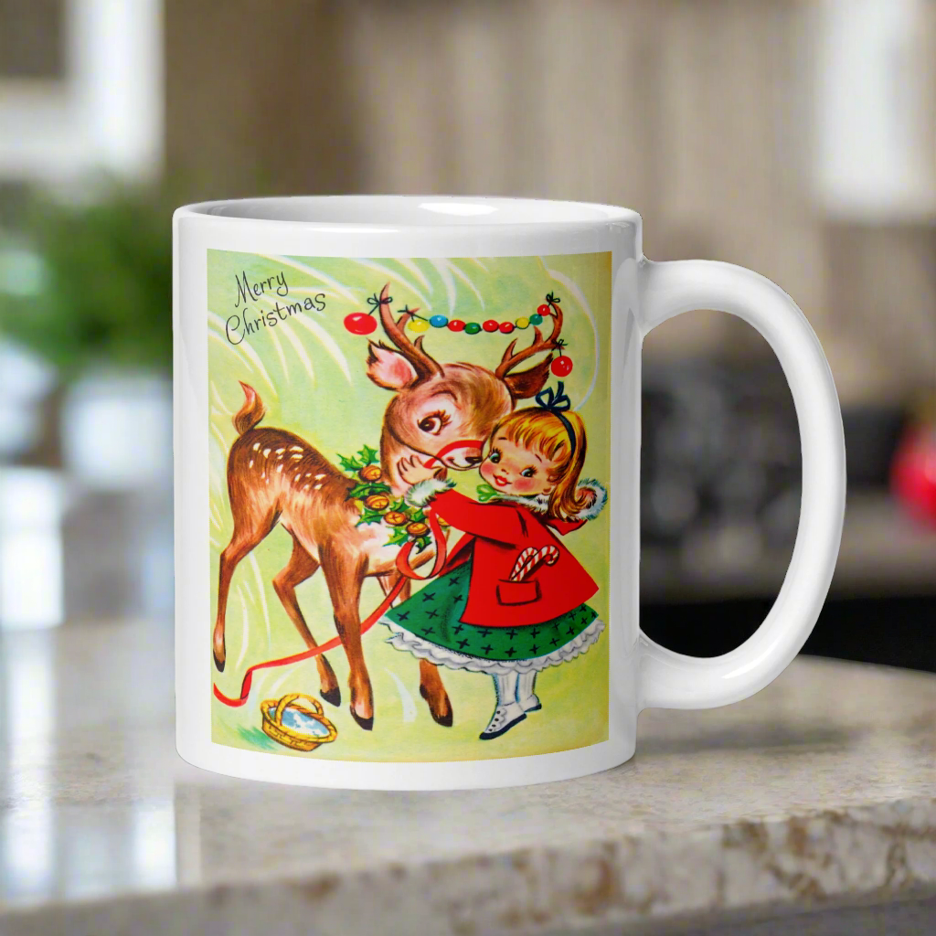 Girl With Reindeer Midcentury Retro Christmas Glossy Coffee Mug