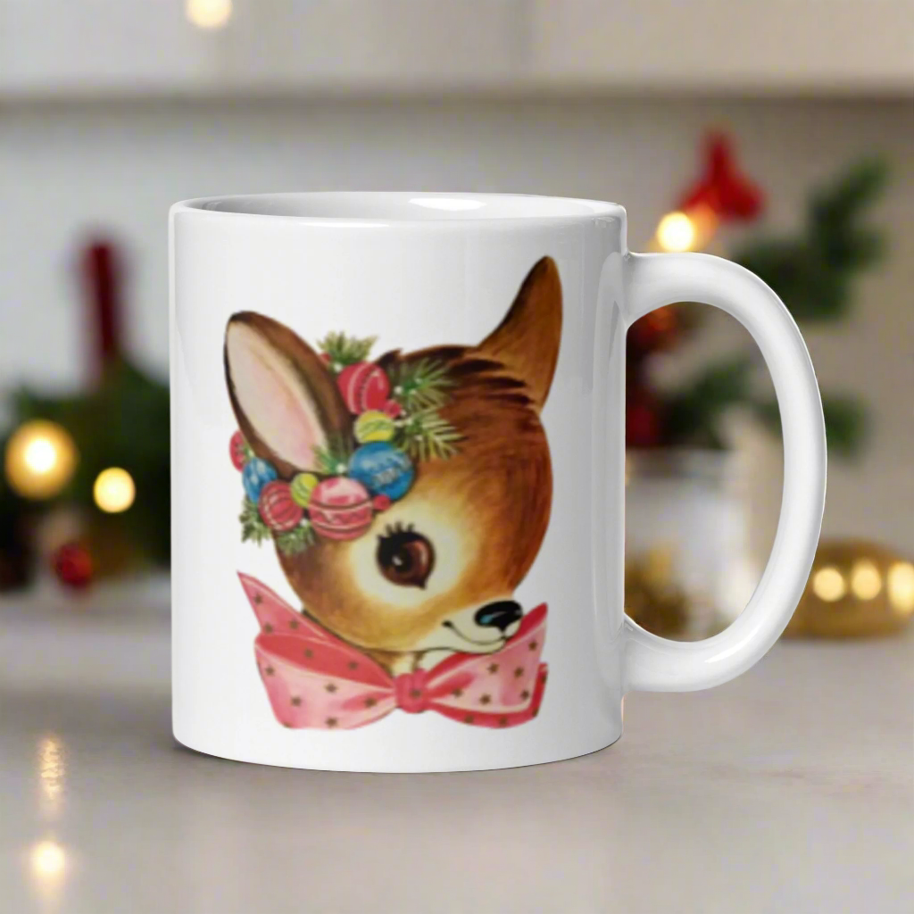 Reindeer Pink Bow Midcentury Retro Christmas Glossy Coffee Mug