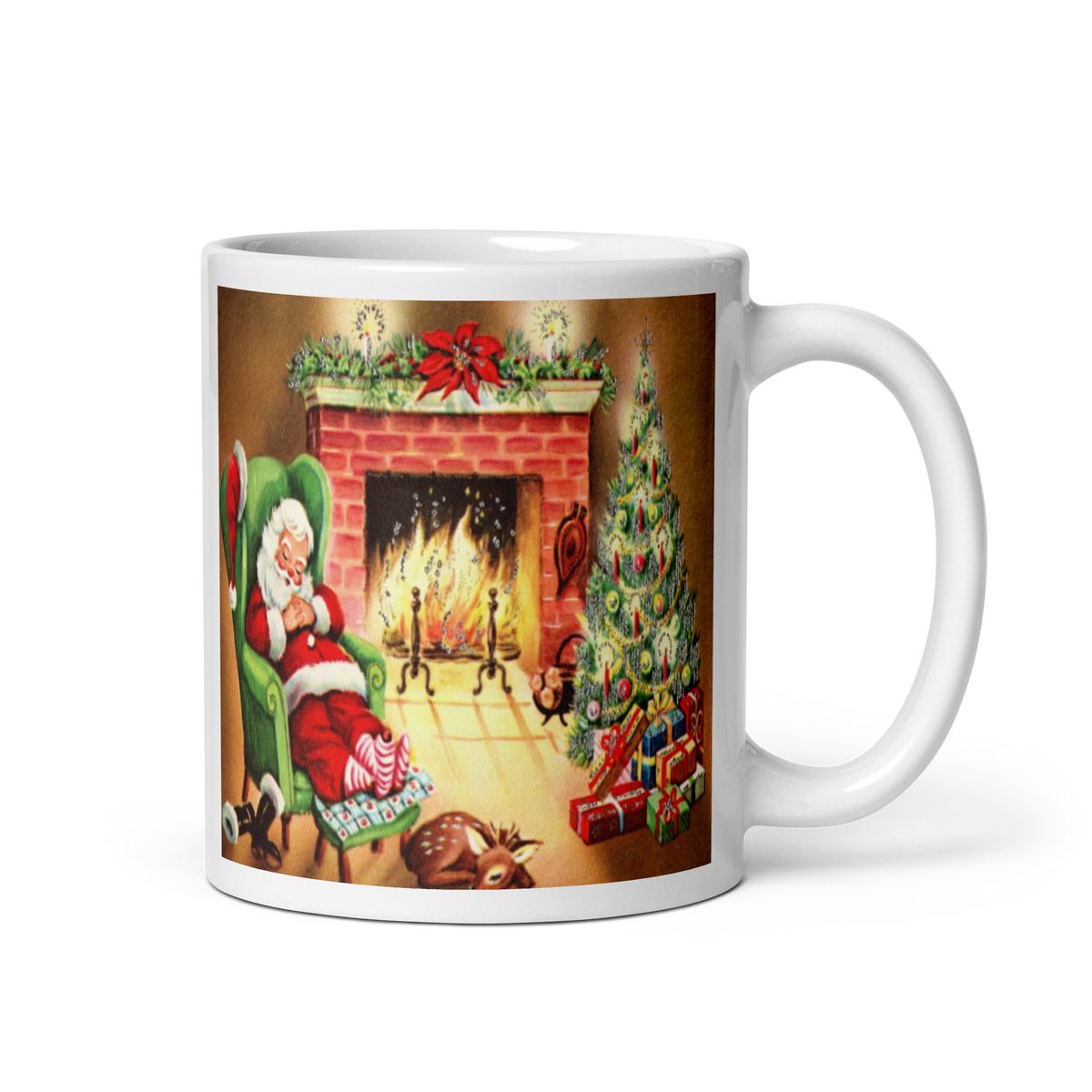 Santa Sleeping By Fireplace Retro Print Glossy Mug