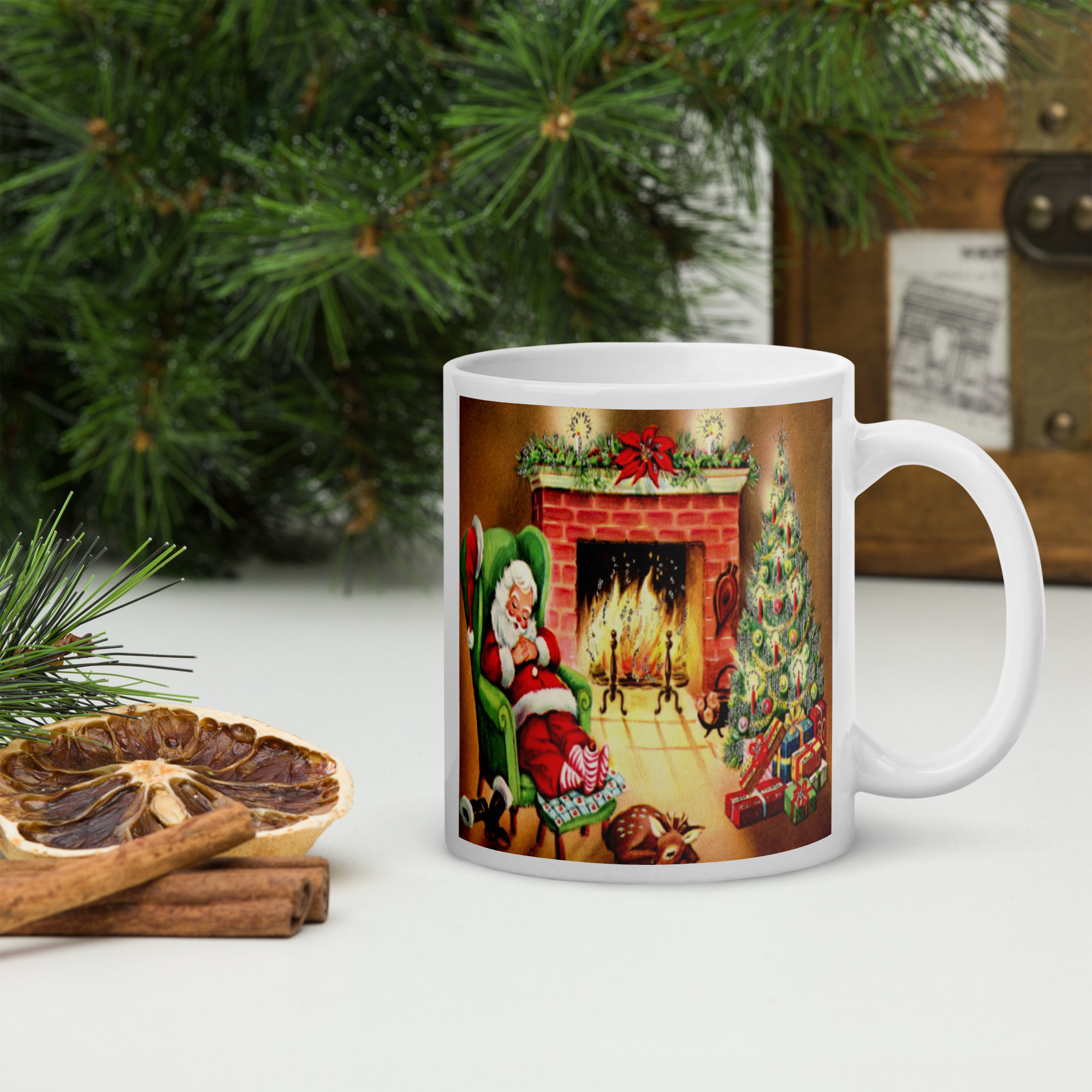 Santa Sleeping By Fireplace Retro Print Glossy Mug