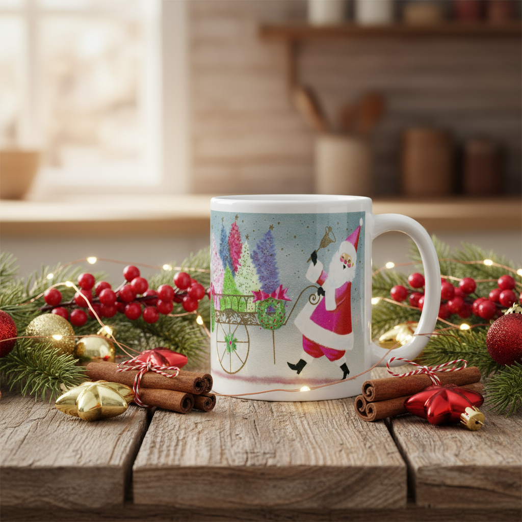 Santa Ringing Bell Mid Century Retro Christmas Print Glossy Mug