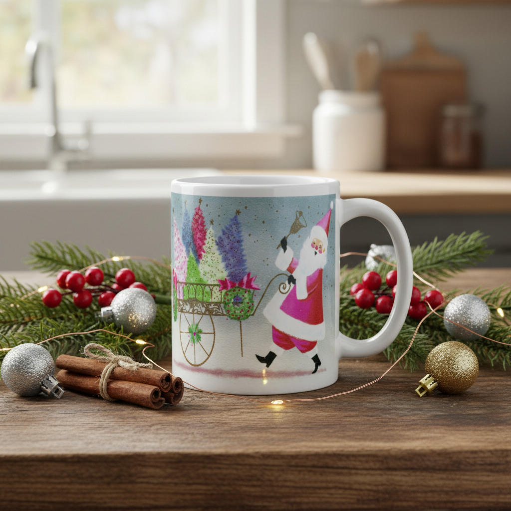 Santa Ringing Bell Mid Century Retro Christmas Print Glossy Mug
