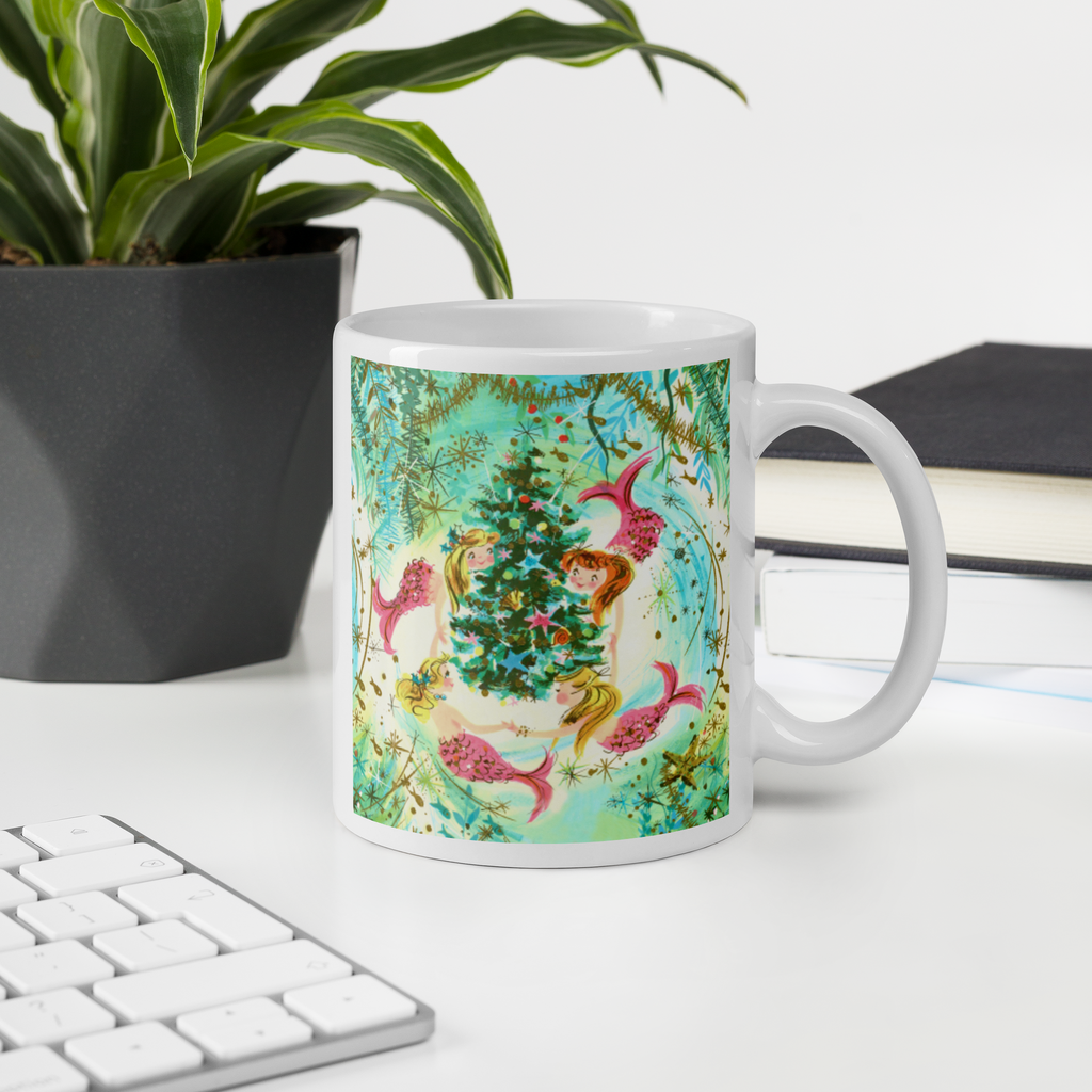 Mermaids Under The Sea Around The Christmas Tree Mid Century Retro Christmas Glossy Coffee Mug
