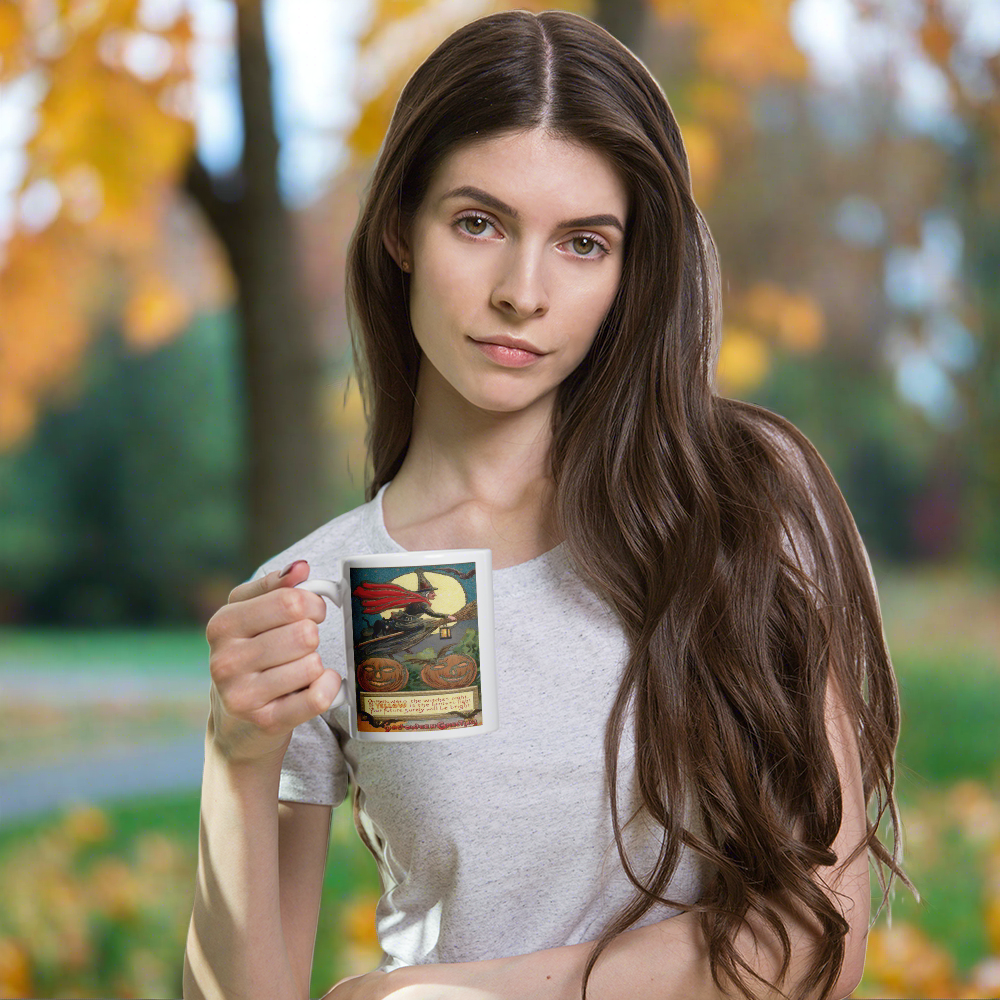 Victorian Witch Black Cat Retro Vintage Art Halloween Glossy Coffee Mug